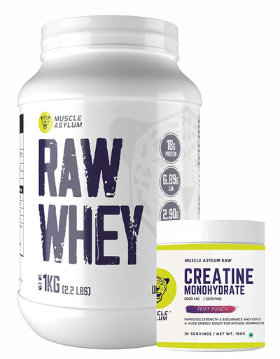 Muscle Asylum- Whey Protein Concentrate 80% - 18g Protein, 6.89 EAA, 2.90g BCAA with Digestive Enzymes - (Unflavoured, 1 kg -Creatine Monohydrate Powder - 20 Servings, 100gm (Fruit Punch)