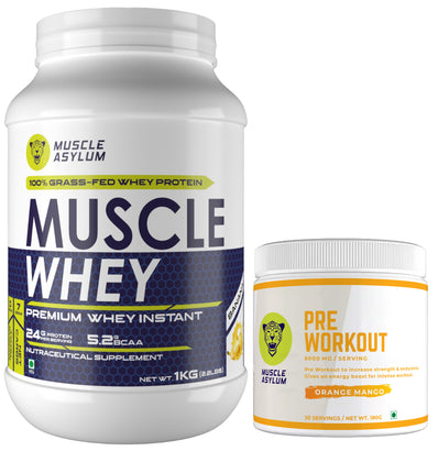 Muscle Whey Protein 1kg + Pre-workout Orange Mango 180g