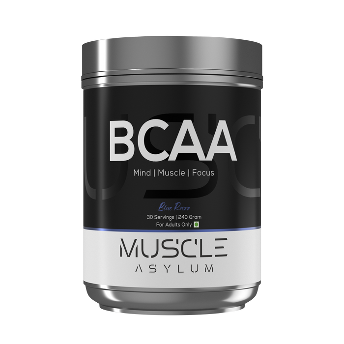 BCAA supplement container with 'Muscle Asylum' branding on a white background