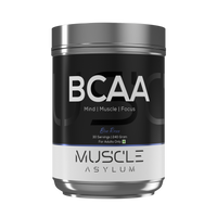 BCAA supplement container with 'Muscle Asylum' branding on a white background