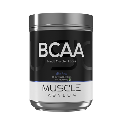 BCAA supplement container with 'Muscle Asylum' branding on a white background