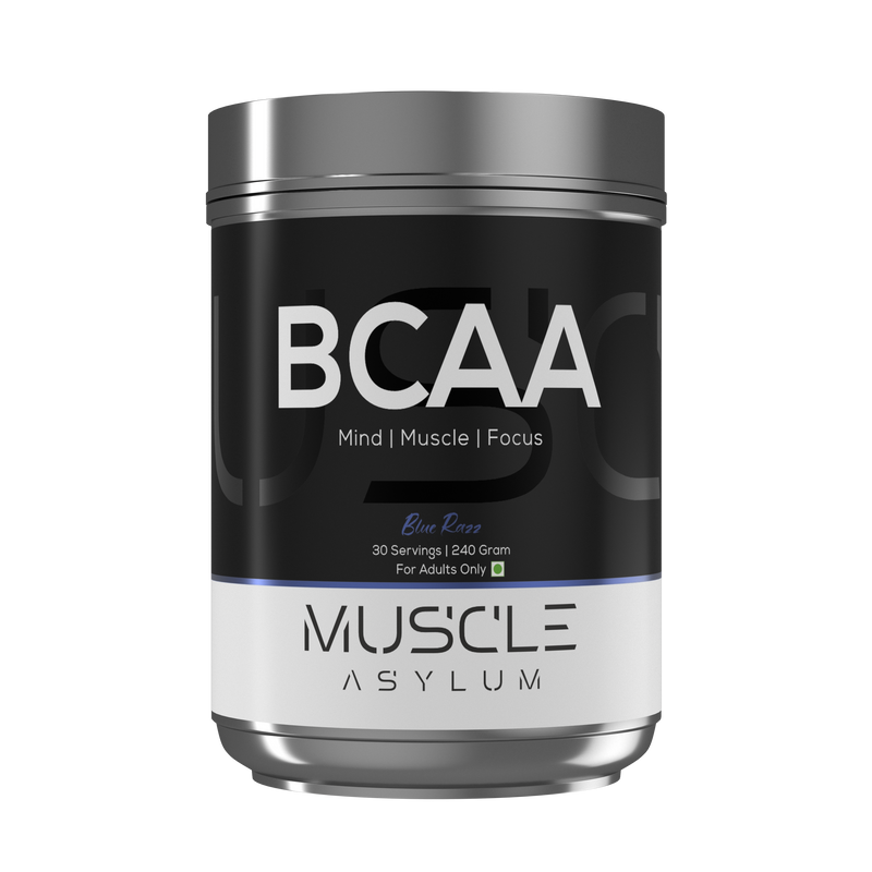 BCAA supplement container with 'Muscle Asylum' branding on a white background