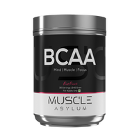 BCAA supplement container with 'Muscle Asylum' branding on a white background