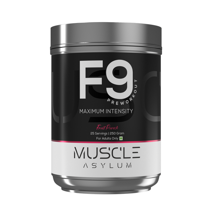 F9 Preworkout container with 'Muscle Asylum' branding on a white background