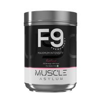 F9 Preworkout container with 'Muscle Asylum' branding on a white background