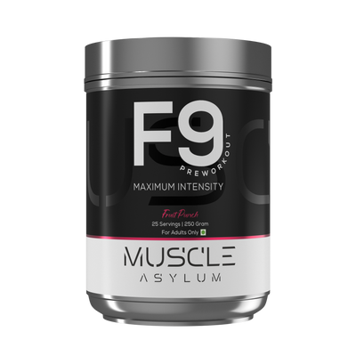 F9 Preworkout container with 'Muscle Asylum' branding on a white background